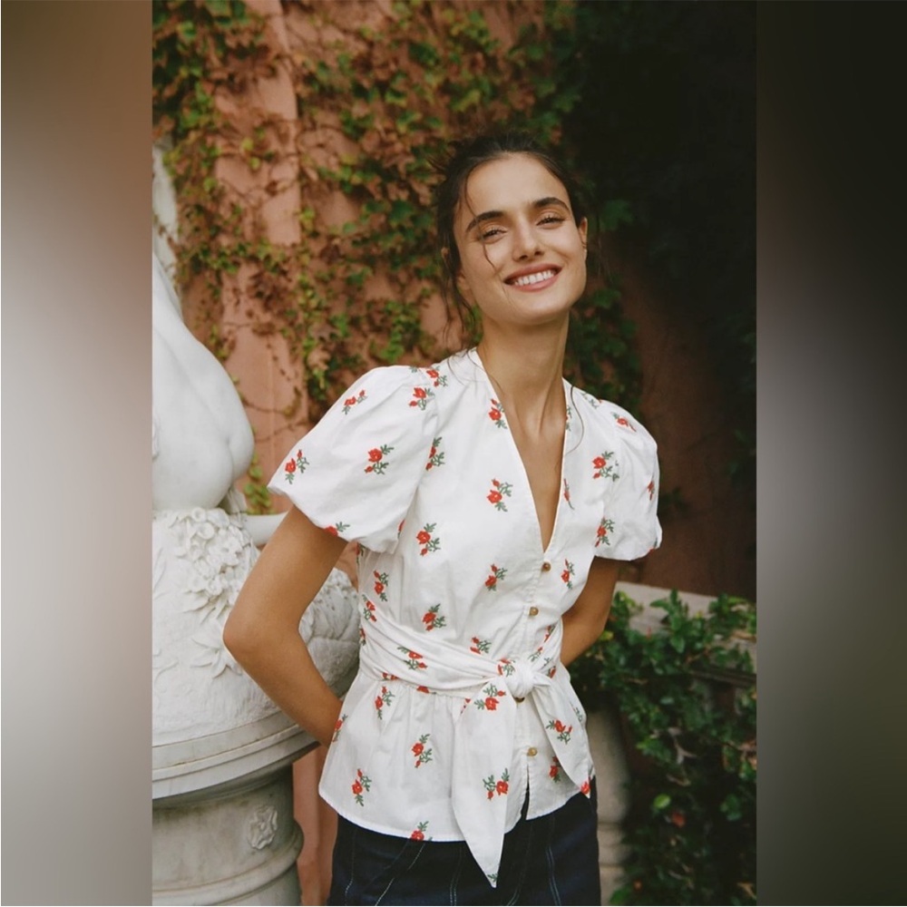 Anthropologie Maeve Rosalie Embroidered Floral Wrap Top